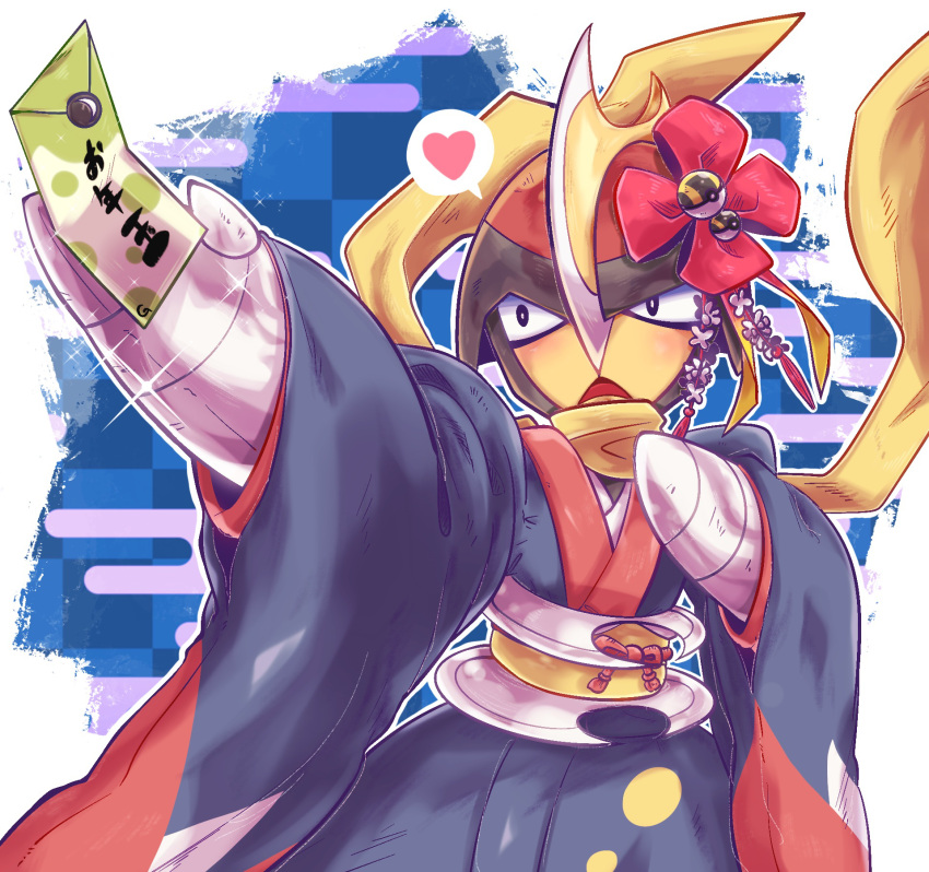 1boy arm_up bisharp black_eyes black_skin blade blue_background blue_kimono blush border clothed_pokemon colored_skin commentary_request cowboy_shot egasumi envelope flower hair_flower hair_ornament hand_up heart helmet highres japanese_clothes kimono light_blush long_sleeves looking_to_the_side male_focus new_year obi open_mouth otoshidama outside_border outstretched_arm penpi poke_ball pokemon pokemon_(creature) red_flower sash scarf solo sparkle speech_bubble spoken_heart standing translated ultra_ball white_border wide_sleeves yellow_scarf yellow_skin
