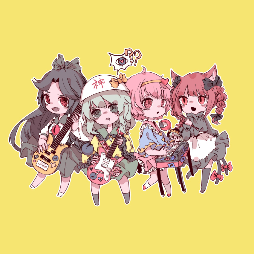 4girls :d :o ? ?? @_@ absurdres animal_ear_fluff animal_ears apron bangs black_hair blouse blue_blouse blunt_bangs blush_stickers bow bowl bowl_hat braid buttons cat_ears cat_tail character_doll chibi collared_shirt commentary diamond_button dress electric_guitar eyebrows_behind_hair fang frilled_shirt_collar frilled_sleeves frills green_bow green_dress green_eyes green_hair green_skirt guitar hair_bow hair_ornament hairband hat hat_bow heart heart_button heart_hair_ornament highres holding holding_instrument instrument kaenbyou_rin keyboard_(instrument) komeiji_koishi komeiji_satori long_hair long_sleeves looking_at_another looking_at_viewer makihako_bunko medium_hair multiple_girls multiple_tails music open_mouth parted_bangs pink_eyes playing_instrument red_bow red_eyes red_hair reiuji_utsuho shirt simple_background skin_fang skirt slit_pupils smile speech_bubble spoken_object standing sticker tail tail_bow tail_ornament third_eye touhou translated twin_braids two_tails very_long_hair waist_apron white_apron white_headwear white_shirt wide_sleeves yellow_background yellow_blouse yellow_bow yellow_hairband