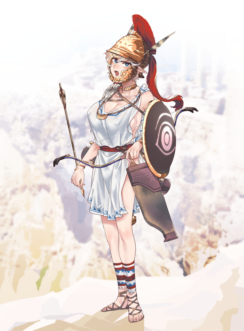 1girl armor arrow_(projectile) bitchcraft123 blonde_hair blue_eyes blurry blurry_background bow_(weapon) breasts cleavage covered_nipples elf fantasy greek_text helmet highres large_breasts looking_at_viewer original pointy_ears quiver shield short_hair sideboob solo weapon