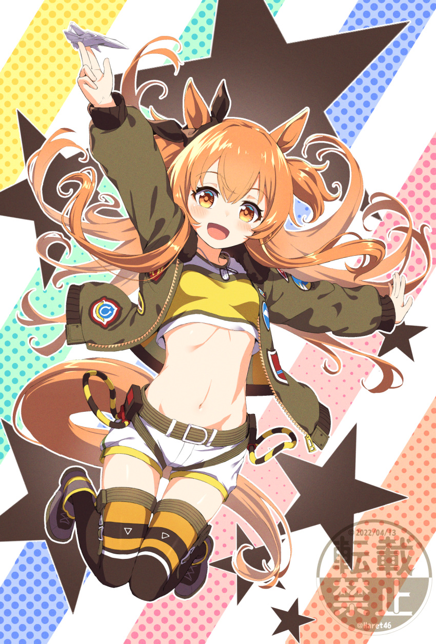 1girl :d animal_ears arms_up bangs blush bomber_jacket breasts brown_footwear brown_legwear brown_ribbon commentary crop_top dog_tags ear_ribbon eyebrows_visible_through_hair full_body green_belt green_jacket groin hair_between_eyes halftone halftone_background highres holding_paper_airplane horse_ears horse_girl horse_tail jacket kagami_(haret46) long_hair long_sleeves looking_at_viewer mayano_top_gun_(umamusume) midriff multicolored_background navel open_clothes open_jacket open_mouth orange_eyes orange_hair paper_airplane ribbon shirt shoes short_shorts shorts sidelocks small_breasts smile sneakers solo starry_background tail thigh_gap thighhighs twitter_username two_side_up umamusume watermark white_background white_shorts yellow_shirt zipper zipper_pull_tab