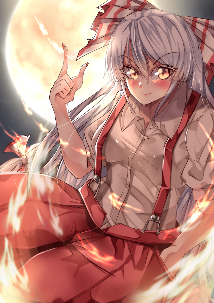 1girl absurdres blush bow breasts closed_mouth collared_shirt commentary_request cowboy_shot dress_shirt eyebrows_visible_through_hair fujiwara_no_mokou hair_between_eyes hair_bow hand_in_pocket highres index_finger_raised long_hair looking_at_viewer maboroshi_mochi moon nail_polish orange_eyes pants puffy_short_sleeves puffy_sleeves red_nails red_pants shirt short_sleeves small_breasts smile solo striped striped_bow suspenders touhou very_long_hair white_hair white_shirt