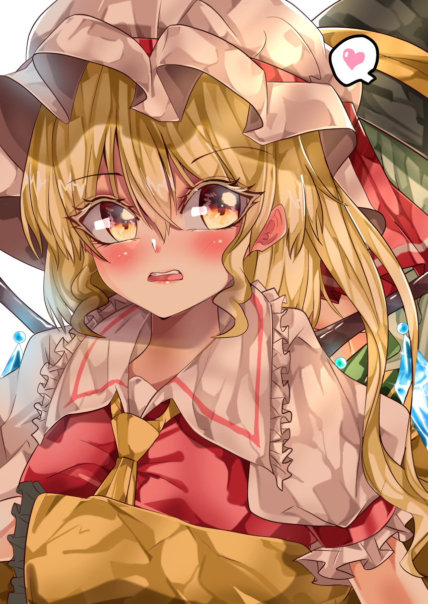 2girls absurdres backlighting black_headwear blonde_hair blouse blush breasts collared_shirt commentary_request crystal eyebrows_visible_through_hair flandre_scarlet frilled_shirt_collar frilled_sleeves frills hair_between_eyes hat hat_ribbon heart highres hug hug_from_behind komeiji_koishi long_hair long_sleeves looking_at_viewer maboroshi_mochi mob_cap multiple_girls open_mouth orange_eyes puffy_short_sleeves puffy_sleeves red_ribbon red_vest ribbon shirt short_sleeves side_ponytail small_breasts spoken_heart teeth touhou upper_teeth vest white_headwear white_shirt wide_sleeves wings yellow_blouse yellow_ribbon