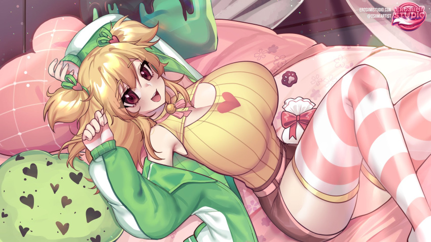 1girl blonde_hair breasts brown_eyes candy cleavage curvy double_bun english_commentary food gloves green_jacket heart heart_print high-waist_shorts highres indie_virtual_youtuber jacket large_breasts long_hair lying mio_(vtuber) off_shoulder on_back on_bed open_mouth osiimi pillow ribbed_sweater shorts sleeveless smile striped striped_legwear sweater thighhighs thighs virtual_youtuber yellow_sweater