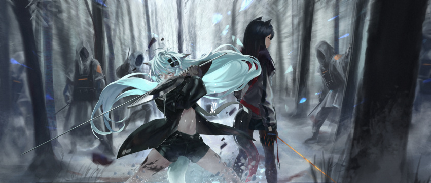 2girls absurdres action animal_ear_fluff animal_ears arknights back-to-back bangs black_hair black_jacket blurry blurry_background cr_iws_t_72 fighting_stance gloves glowing glowing_weapon hair_ornament hairclip highres holding holding_weapon jacket lappland_(arknights) long_hair long_sleeves multiple_girls navel penguin_logistics_(arknights) scar scar_across_eye scar_on_face silver_hair snow sword tail texas_(arknights) weapon wide_image winter wolf_ears