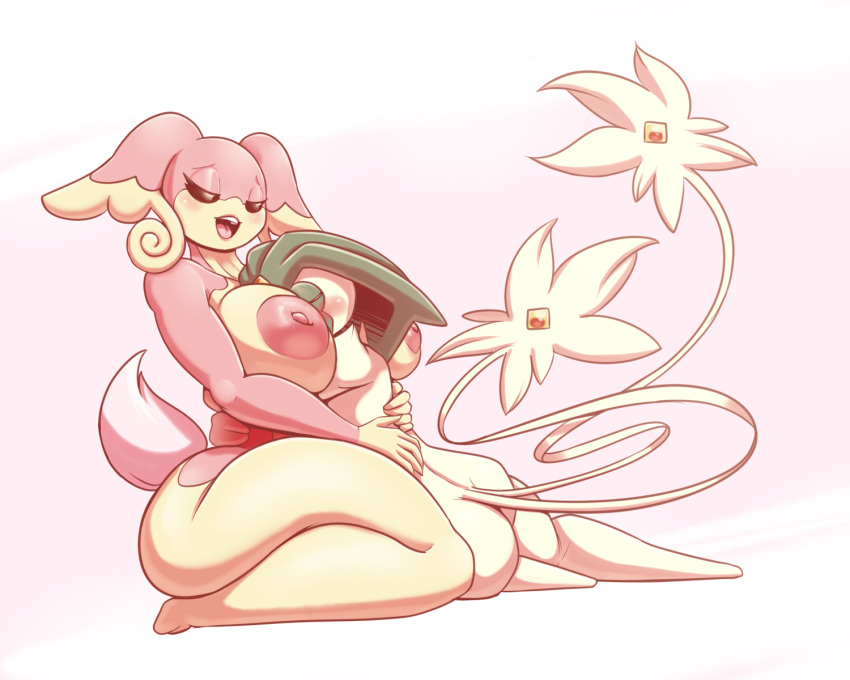 2_tails anthro anthro_on_anthro audino big_breasts breasts butt female hi_res kneeling latiar legendary_pok&eacute;mon multi_tail nintendo nude pok&eacute;mon pok&eacute;mon_(species) simple_background uxie video_games white_background