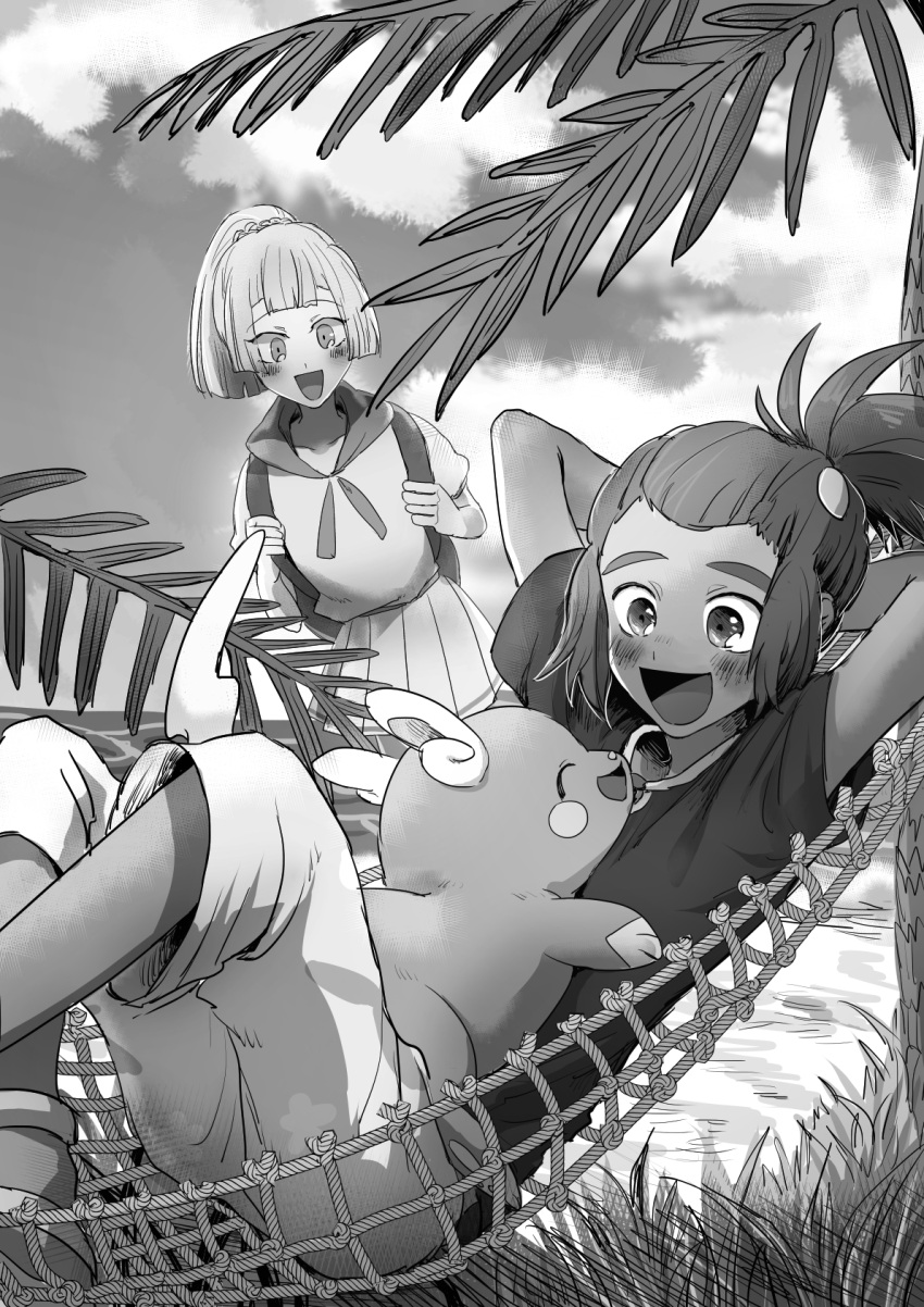 1girl alolan_raichu arms_behind_back bag black_shirt blush closed_eyes cloud collarbone dark-skinned_male dark_skin floral_print grass hair_ornament hammock hau_(pokemon) highres lillie_(pokemon) lying monochrome open_mouth pokemon pokemon_(creature) pokemon_(game) pokemon_sm ponytail sand sarami_(sa_rami30) shirt sky smile tree