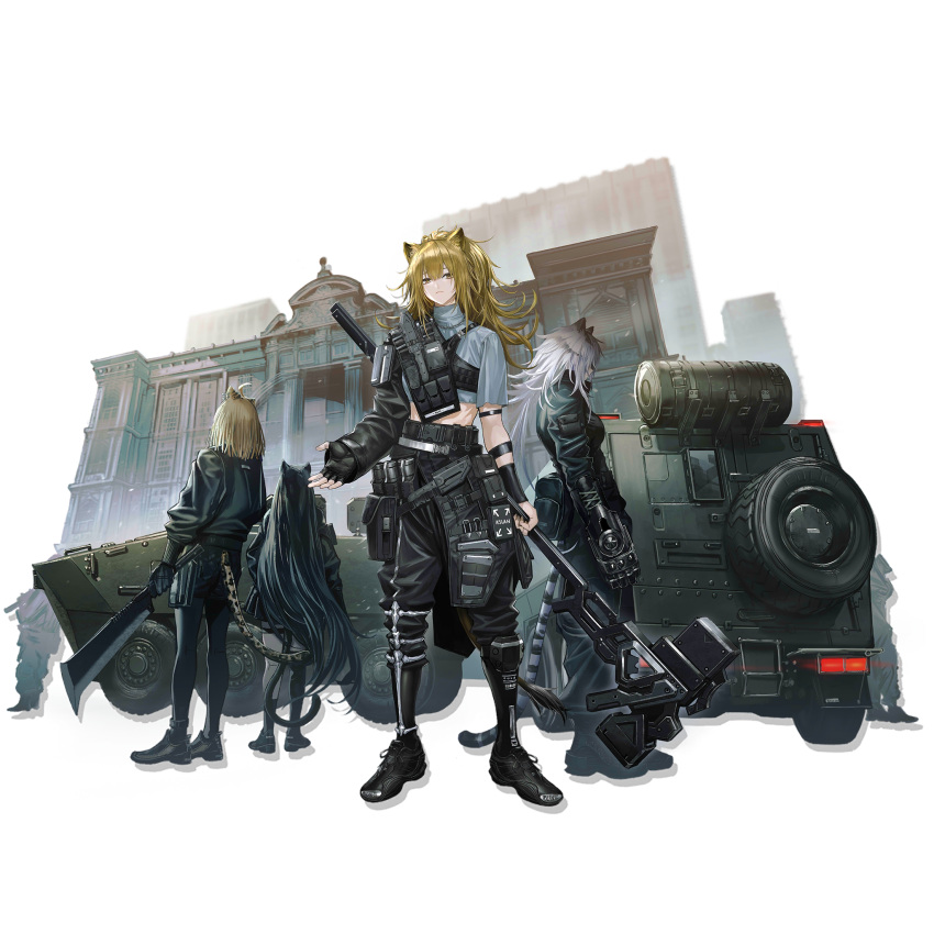 4girls animal_ears arknights black_footwear black_pants blonde_hair brown_eyes building character_request crop_top grey_shirt ground_vehicle hammer highres holding holding_hammer holding_sword holding_weapon indra_(arknights) infukun lion_ears long_hair long_sleeves looking_at_viewer midriff morgan_(arknights) multiple_girls official_alternate_costume official_art pants shirt shoes short_sleeves siege_(arknights) siege_(city_destroyer)_(arknights) standing sword tail tiger_ears tiger_tail transparent_background weapon