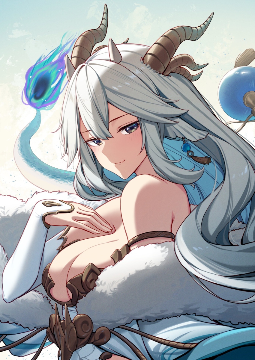 absurdres bangs breasts cleavage detached_sleeves dragon_horns dragon_tail earrings erezu hand_on_own_chest head_fins highres horns jewelry large_breasts long_hair looking_at_viewer multicolored_eyes multiple_horns portrait purple_eyes sidelocks silver_hair sky smile tail vei_(vtuber) virtual_youtuber vshojo