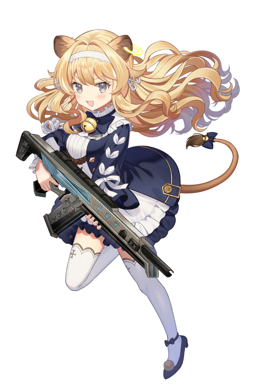 animal_ears bangs bell blonde_hair blue_footwear blue_jacket bow dress earrings finger_on_trigger frilled_dress frills grey_eyes gun hair_intakes hair_ribbon hairband highres holding holding_gun holding_weapon jacket jewelry jingle_bell lion_ears lion_girl lion_tail long_hair looking_at_viewer noripro okanoyuno open_mouth pom_pom_(clothes) regrush_lionheart ribbon smile tail tail_bell tail_ornament tail_ribbon thighhighs v-shaped_eyebrows virtual_youtuber wavy_hair weapon white_dress white_legwear