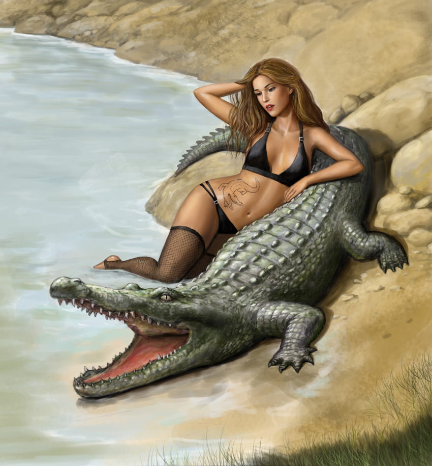 absurd_res ambiguous_gender breasts brown_eyes brown_hair chilling clothing crocodile crocodilian crocodylid dashinvaine duo female feral fishnet fishnet_legwear footwear grass hair hand_on_head hi_res human leaning_on_another legwear lips mammal nature open_mouth outside partially_submerged pinup plant pose red_lips reptile river riverside sand scales scalie scaly_tail seductive socks stockings swimwear tattoo teeth toeless_footwear toeless_socks water wavy_hair wet wet_feet wet_legs