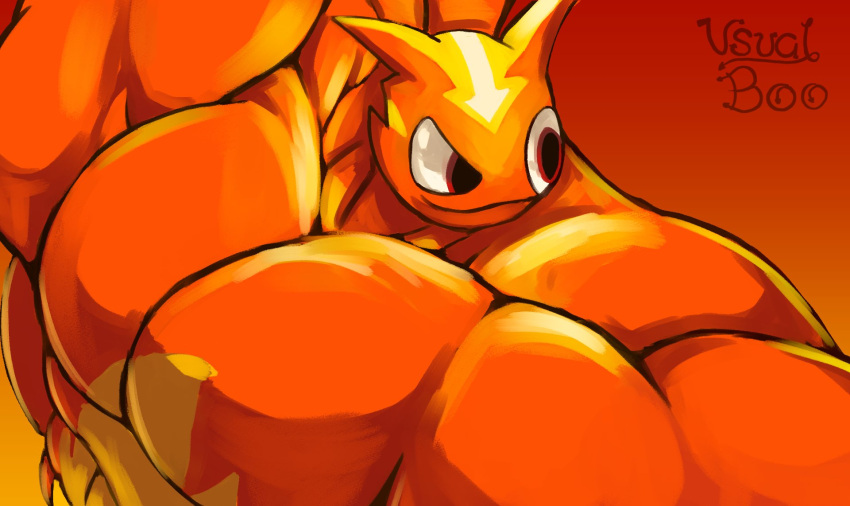 abs anthro arrow biceps big_pecs clothed clothing colored flexing gastropod gradient_background half-closed_eyes hi_res infurnus_(slugterra) looking_aside male mollusk muscular muscular_anthro muscular_male narrowed_eyes orange_background orange_body orange_skin pecs red_background shaded simple_background slug slugterra solo topless unusualboo54 yellow_background yellow_body yellow_skin