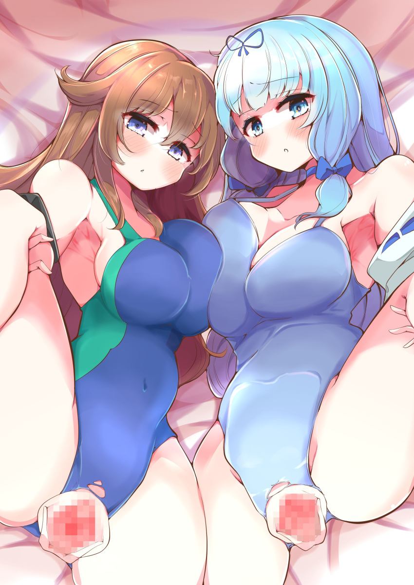 2girls :o absurdres bare_shoulders bed blue_eyes blue_hair breast_press breast_squeeze breasts brown_hair censored competition_swimsuit eyebrows_visible_through_hair highres large_breasts leg_life leg_up long_hair looking_at_viewer mosaic_censoring multiple_girls on_bed one-piece_swimsuit original pussy rabi-ribi rita_(rabi-ribi) spread_pussy swimsuit symmetrical_docking thighs torn_clothes torn_swimsuit very_long_hair yamada_naoko_(kodamayanao)