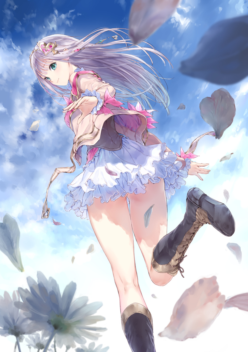 1girl absurdres atelier_(series) atelier_lulua bangs blue_sky blunt_bangs boots cloud cloudy_sky commentary_request cross-laced_footwear day elmerulia_fryxell flower from_below green_eyes grey_hair hair_ornament heart highres kishida_mel knee_boots lace-up_boots long_hair long_sleeves looking_at_viewer looking_back miniskirt official_art outdoors petals simple_background skirt sky solo thighs white_skirt