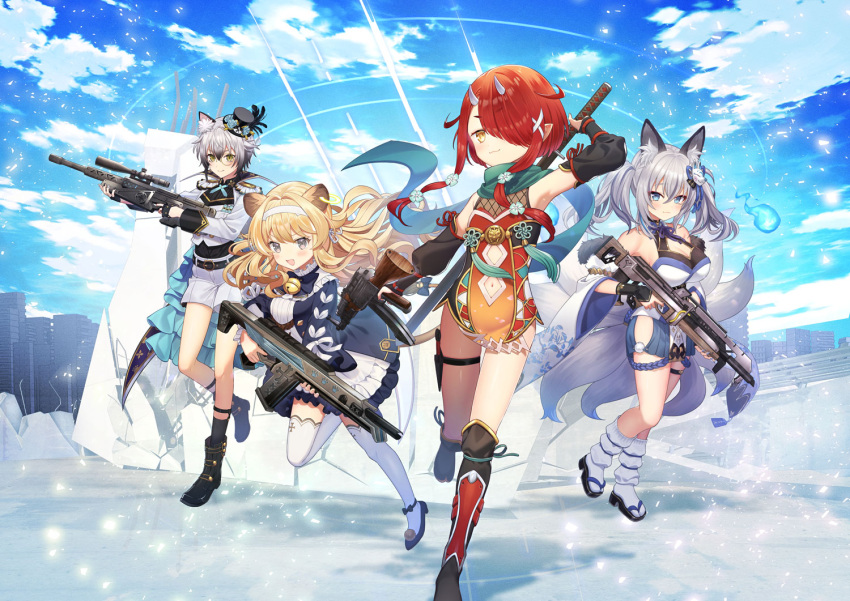 4girls ak-47 animal_ear_fluff animal_ears armpits assault_rifle bangs bell belt black_footwear black_hair black_legwear black_nails black_shirt blonde_hair blue_eyes blue_footwear blue_jacket blue_nails boots bow breasts cape cat_ears cat_girl cat_tail cleavage cleavage_cutout clothing_cutout cloud commentary_request concrete detached_sleeves dress dual_wielding earrings epaulettes eyebrows_visible_through_hair eyeliner finger_on_trigger fingerless_gloves floral_print flower fox_ears fox_girl fox_mask fox_tail frilled_dress frills fur_trim gathers gloves gradient_hair grey_eyes grey_hair gun hair_between_eyes hair_intakes hair_ornament hair_over_one_eye hair_ribbon hairband hakama hakama_short_skirt hakama_skirt hat hat_feather hat_flower hip_vent hitodama holding holding_gun holding_sword holding_weapon hoozuki_warabe horns inari_iroha jacket japanese_clothes jewelry jika-tabi jingle_bell kalashnikov_rifle kunai large_breasts leg_warmers lion_ears lion_girl lion_tail long_hair looking_at_viewer makeup mask mini_hat mini_top_hat monocle multicolored_hair multicolored_nails multiple_girls multiple_tails navel navel_cutout nekozeno_shin nontraditional_miko noripro obi official_art okanoyuno okobo omamori oni oni_horns open_mouth outdoors pelvic_curtain pointy_ears pom_pom_(clothes) red_hair regrush_lionheart ribbon rifle sash scarf shin_guards shirt short_hair short_hair_with_long_locks shorts sidelocks skirt sky skyline slit_pupils smile sock_garters socks sword tabi tail tail_bell tail_ornament tail_ribbon thigh_strap thighhighs top_hat tsurime twintails v-shaped_eyebrows virtual_youtuber wavy_hair weapon white_dress white_jacket white_legwear white_nails white_shorts wide_sleeves yellow_eyes