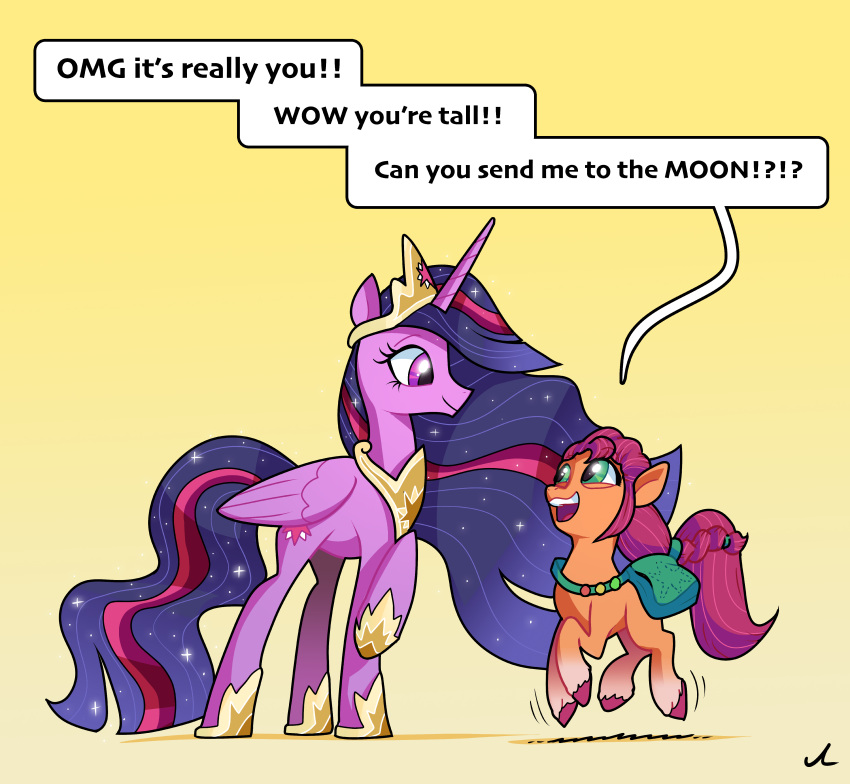 absurd_res badge bag crown docwario duo earth_pony equid equine excited female friendship_is_magic hair hasbro hi_res hooves horn horse horseshoe jewelry leg_markings mammal markings mlp_g5 my_little_pony necklace pony ponytail purple_hair shoulder_bag size_difference socks_(marking) sparkles sunny_starscout_(mlp) tiara twilight_sparkle_(mlp) winged_unicorn wings