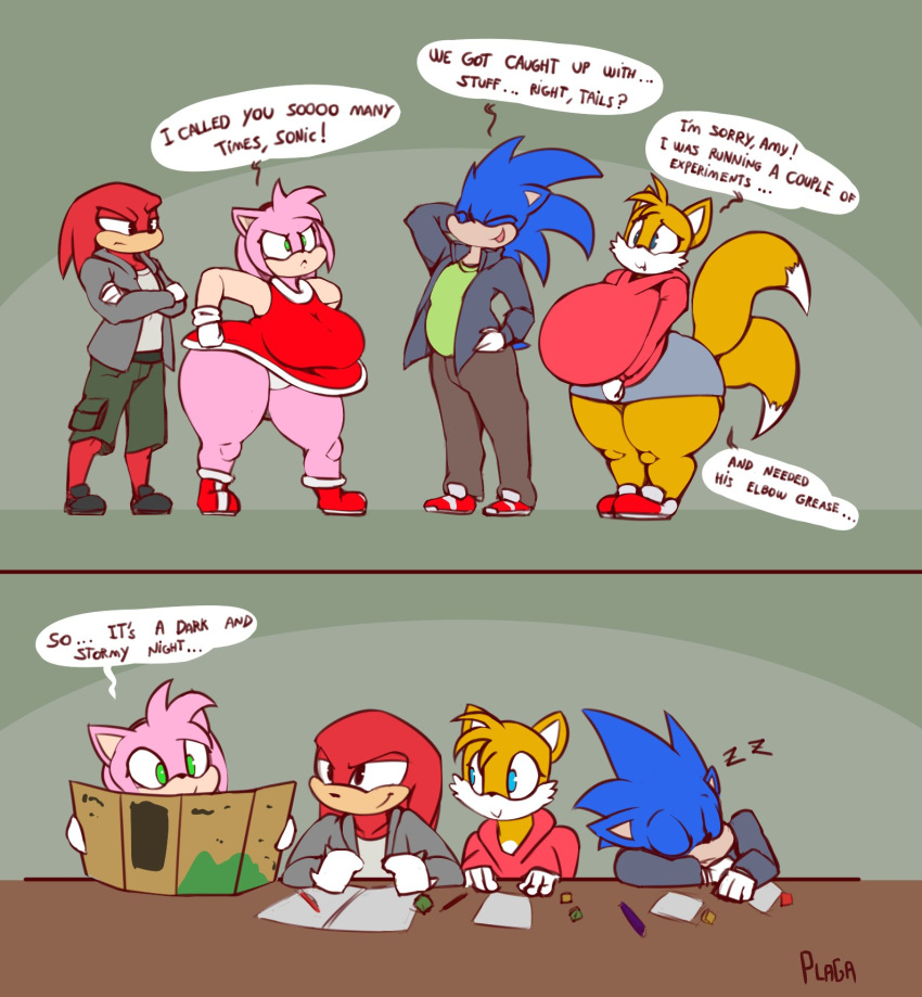 2_tails amy_rose anthro belly big_belly big_breasts blue_body blue_eyes bodily_fluids bottom_heavy bottomless bottomless_female bottomwear breasts canid canine cargo_shorts clothed clothing crossgender cum cum_inflation curvy_figure d20 dice dipstick_tail dm_screen dress echidna eulipotyphlan eyebrows female footwear fox furniture genital_fluids green_clothing green_shirt green_topwear grey_clothing grey_jacket grey_topwear group hedgehog hi_res hoodie inflation jacket knuckles_the_echidna male mammal markings miles_prower monotreme multi_tail nervous_smile overweight paper pen pink_body plaga pouting raised_eyebrow red_body red_clothing red_dress red_footwear red_hoodie red_shoes red_topwear role-playing_game sega shirt shoes shorts sleeping smile smirk sonic_the_hedgehog sonic_the_hedgehog_(series) sound_effects table tabletop_game tail_markings thick_thighs topwear voluptuous wide_hips yellow_body zzz