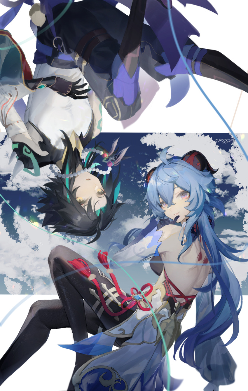 1boy 1girl absurdres aqua_hair arm_tattoo bangs bead_necklace beads black_bodysuit black_hair blue_hair bodysuit breasts closed_mouth cloud facial_mark forehead_mark ganyu_(genshin_impact) genshin_impact gloves hair_between_eyes highres horns jewelry long_hair medium_breasts multicolored_hair necklace parted_lips purple_eyes resan256 sky tassel tattoo vision_(genshin_impact) xiao_(genshin_impact) yellow_eyes