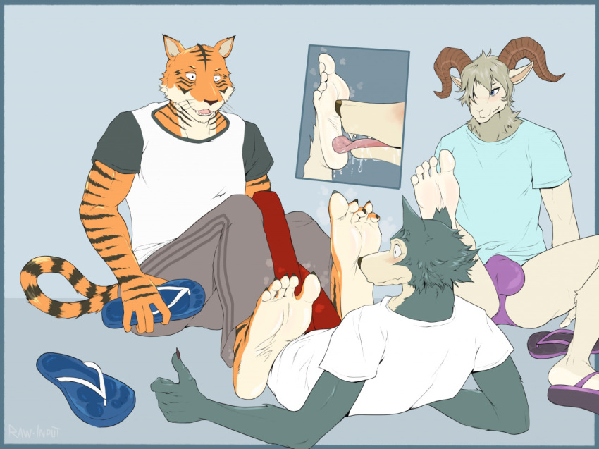 2021 5_toes anthro barefoot beastars big_feet bill_(beastars) black_nose black_stripes blue_body blue_clothing blue_eyes blue_footwear blue_fur blue_shirt blue_topwear blush body_blush bottomwear bovid brown_nose bulge canid canid_kaiba canine canis caprine claws clothed clothing countershade_feet countershading discarded_clothing discarded_footwear feet felid flip_flops foot_blush foot_fetish foot_focus foot_lick foot_on_face foot_play foot_sniffing footwear fur gesture goat group holding_clothing holding_footwear holding_object horn humanoid_feet imprint legoshi_(beastars) licking looking_at_another lying male mammal multicolored_body musk_clouds notched_ear on_back one_eye_obstructed one_shoe_on pantherine pina_(beastars) purple_clothing purple_speedo purple_swimwear red_bottomwear red_clothing sandals shirt simple_background sitting size_difference smelly smelly_feet sniffing soles speedo stripes swimwear tan_body tan_fur thumbs_up tiger toe_claws toe_curl toes tongue tongue_out topwear trio whiskers white_clothing white_shirt white_topwear wolf wrinkled_feet