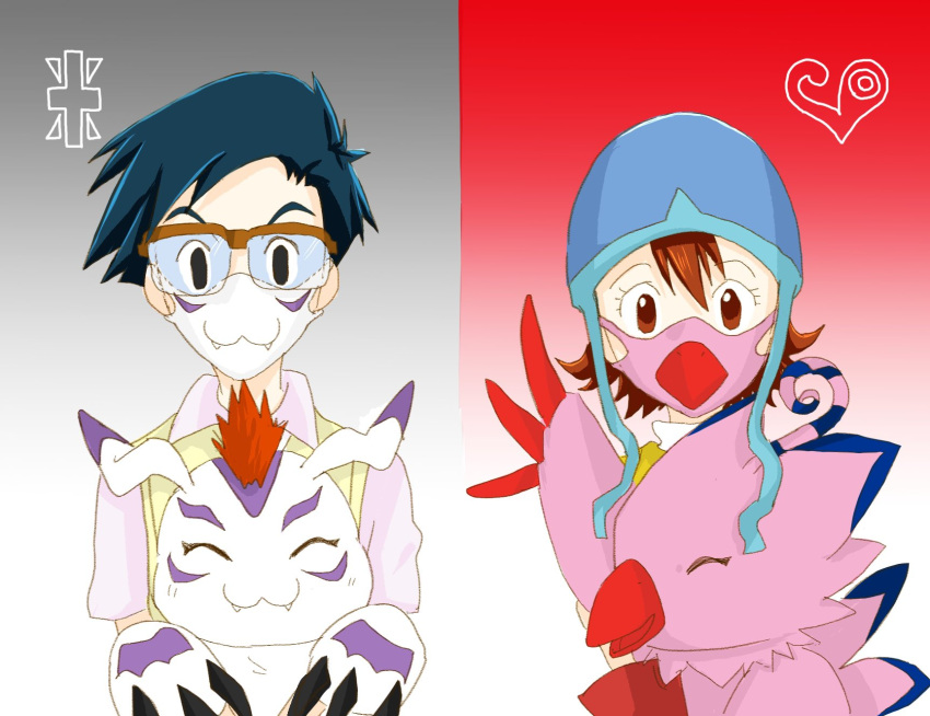 armor bandai_namco biyomon covid-19_pandemic digimon digimon_(species) digimon_adventure eyes_closed eyewear female glasses gomamon headgear helmet hi_res human joe_kido male mammal mihuyu_dgmn sora_takenouchi