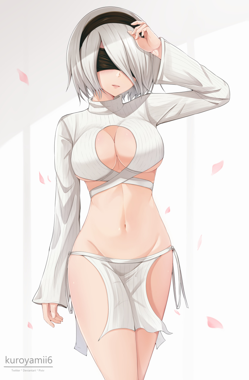 1girl absurdres arm_up artist_name bangs black_hairband blindfold blush breasts cleavage commentary commission evolved_virgin_killer_sweater hairband highres kuroyamii large_breasts lips long_sleeves looking_at_viewer medium_breasts meme_attire midriff navel nier_(series) nier_automata parted_lips pelvic_curtain petals revealing_clothes short_hair signature simple_background sleeves_past_wrists solo stomach thighs turtleneck white_hair yorha_no._2_type_b