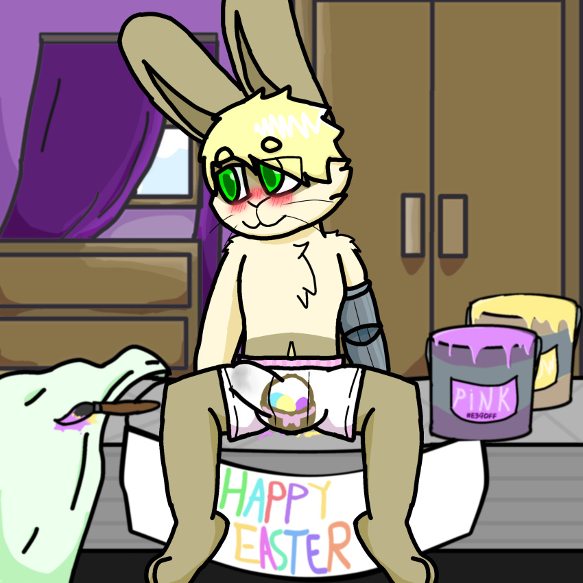 anthro banner bed bed_sheet bedding bedroom brush bulge chest_tuft clothed clothing curtains darlan_bunnit(character) darli_buni domestic_rabbit dutch_rabbit easter flustered furniture hi_res holidays lagomorph leporid looking_away male mammal oryctolagus paint paint_bucket paintbrush presenting_crotch prosthetic prosthetic_arm prosthetic_limb rabbit shoulder_tuft simple_background solo spread_legs spreading tuft underwear underwear_only wardrobe window