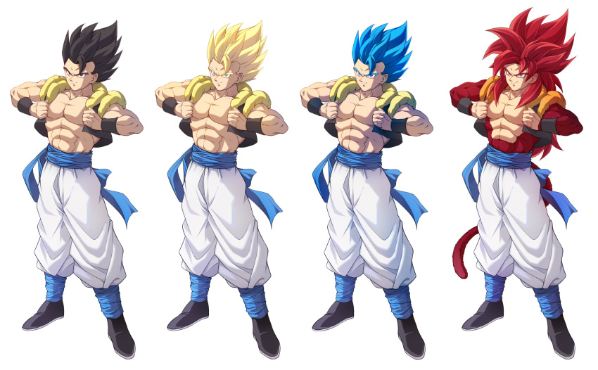 1boy bangs black_eyes black_hair blonde_hair blue_eyes blue_hair boots commentary dragon_ball dragon_ball_gt dragon_ball_super dragon_ball_super_broly full_body fur fusion gogeta green_eyes highres long_hair looking_at_viewer male_focus metamoran_vest multiple_forms multiple_views muscular pants red_hair sash short_hair smile solo spiked_hair super_saiyan super_saiyan_1 super_saiyan_4 super_saiyan_blue tail taro_(ultrataro) white_background wristband