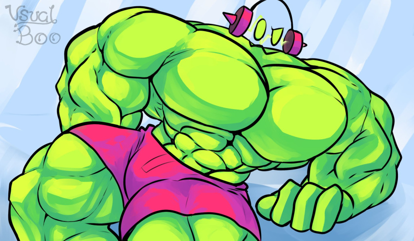 2021 abs biceps big_muscles big_pecs bottomwear clothing colored digital_drawing_(artwork) digital_media_(artwork) dj_bitz_(unusualboo54) electricity electricity_creature elemental_creature english_text green_body green_eyes green_skin headphones hi_res humanoid lying male muscular muscular_male not_furry pecs pink_bottomwear pink_clothing pink_shorts pose shaded shorts signature simple_background solo text unusualboo54