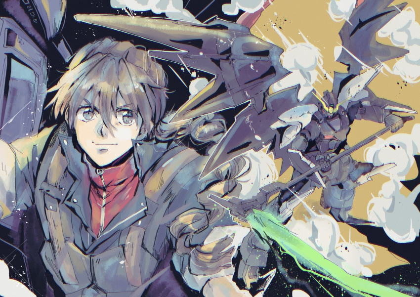 1boy bangs beam_scythe black_jacket brown_hair commentary duo_maxwell dust_cloud energy_weapon from_above grey_eyes gundam gundam_deathscythe_hell_custom gundam_wing gundam_wing_endless_waltz highres holding holding_scythe holding_weapon jacket kare_(0621utak) male_focus mecha mechanical_wings mobile_suit ponytail science_fiction scythe smile standing v-fin weapon wings