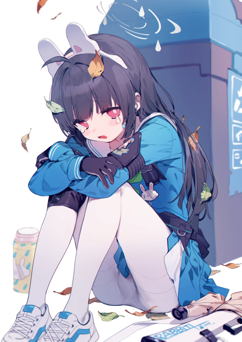 1girl ahoge animal_ears bangs black_gloves blue_archive blush bottle brown_hair bukurote crying crying_with_eyes_open eyebrows_visible_through_hair gloves hair_ornament halo headgear highres knees_up long_hair long_sleeves looking_at_viewer miyu_(blue_archive) open_mouth panties pantyhose rabbit_ears red_eyes shirt shoes sitting skirt sneakers solo tears thighband_pantyhose trash_can underwear weapon white_footwear white_legwear