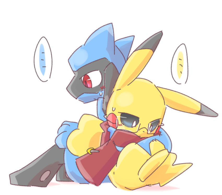 3_fingers 5_fingers ambiguous_gender anthro back_to_back black_eyes blue_body bodily_fluids chaba duo featureless_crotch female_(lore) fingers hi_res hindpaw holding_tail looking_down multicolored_body nintendo paws pikachu pok&eacute;mon pok&eacute;mon_(species) pupils red_cheeks red_eyes red_scarf riolu scarf shadow simple_background slight_blush square_glasses sweat sweatdrop two_tone_body video_games white_background white_pupils yellow_body