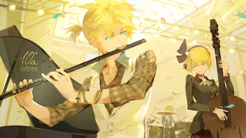1boy 1girl 1other a-shacho aqua_eyes blonde_hair blue_eyes breasts brother_and_sister commentary concert drum drum_set drumming english_commentary flute hair_ornament hair_ribbon hairclip highres instrument kagamine_len kagamine_rin long_sleeves music piano playing_instrument ribbon short_hair siblings smile stage stage_lights twins upper_body violin vocaloid