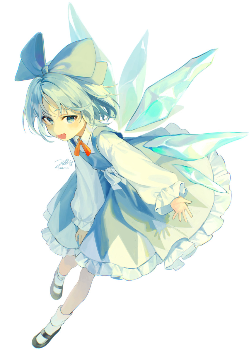 1girl arm_up artist_name bangs belt blue_bow blue_dress blue_eyes blue_hair blush bow bowtie cirno collared_shirt commentary_request dress eyebrows_visible_through_hair eyelashes flying frills grey_belt grey_bow grey_footwear grey_legwear hair_between_eyes hand_up highres ice ice_wings jill_07km long_sleeves looking_at_viewer open_mouth orange_bow orange_bowtie puffy_long_sleeves puffy_sleeves shirt shoes short_hair simple_background smile socks solo touhou white_background white_shirt wings