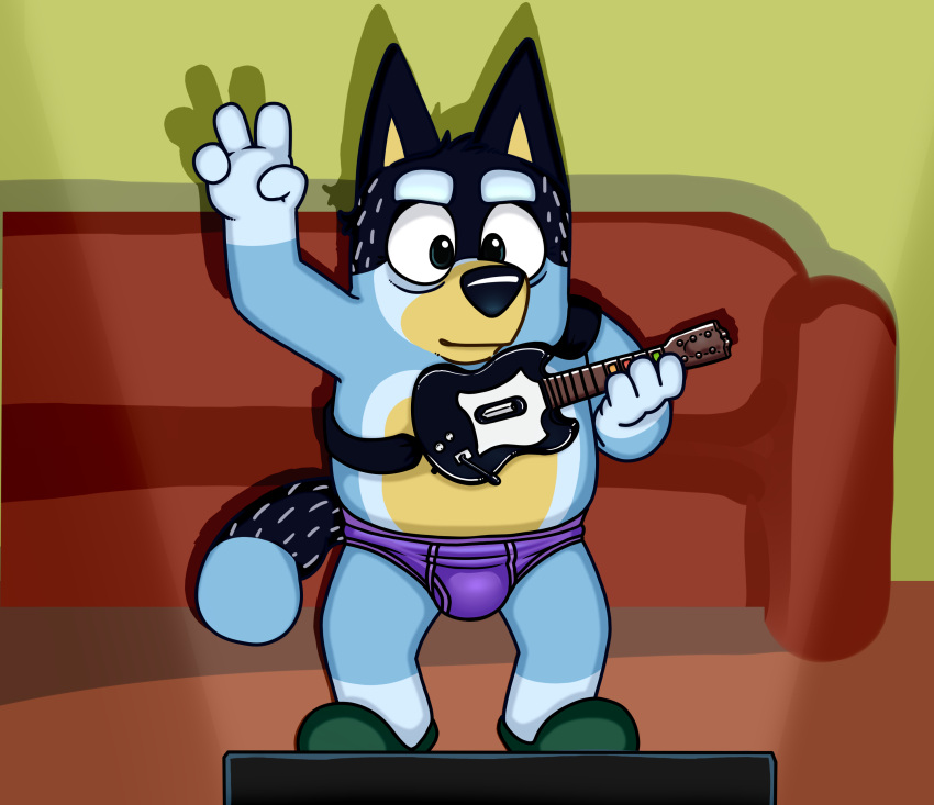 2022 absurd_res anthro bandit_heeler black_nose blue_body bluey_(series) bulge canid canine canis clothing domestic_dog furniture guitar guitar_hero hi_res humanoid_hands male mammal musical_instrument neenya plucked_string_instrument slightly_chubby sofa solo string_instrument underwear