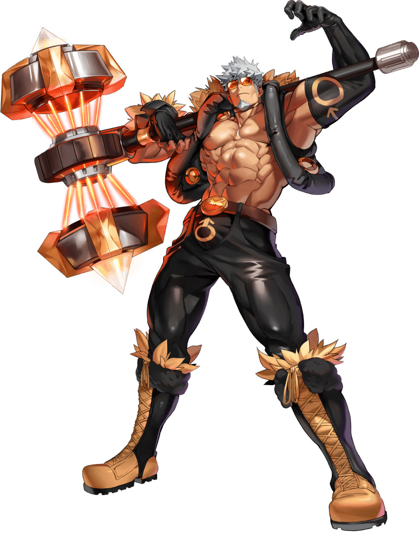 1boy abs alternate_costume asymmetrical_gloves bara bare_pectorals biceps black_gloves brown_legwear bulge crotchless crotchless_pants elbow_gloves facial_hair full_body glasses gloves goatee gyee hammer highres huge_weapon large_pectorals laser leggings legs_apart male_focus mallet manly muscular muscular_male na_insoo navel niko_(gyee) nipples official_art over_shoulder pants pectorals red_eyes short_hair sideburns solo stomach sunglasses thick_thighs thighs transparent_background uneven_gloves weapon weapon_over_shoulder white_hair