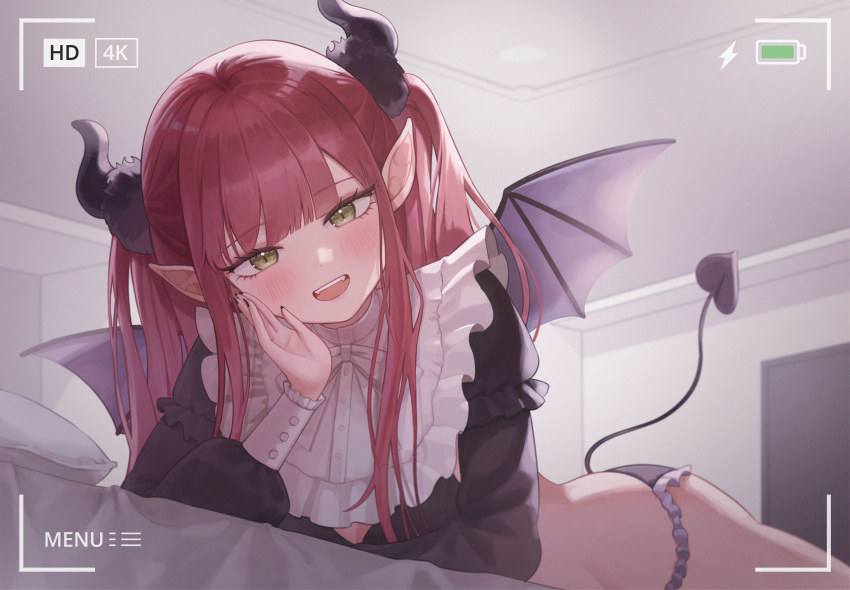 1girl absurdres bangs bed black_nails blush demon_girl demon_horns demon_tail demon_wings eyebrows_visible_through_hair green_eyes highres horns kitagawa_marin long_hair looking_at_viewer lying nail_polish on_stomach open_mouth panties pillow pointy_ears recording red_hair rizu-kyun room shionori_(bpo_o) simple_background smile solo sono_bisque_doll_wa_koi_wo_suru tail teeth twintails underwear upper_teeth wings