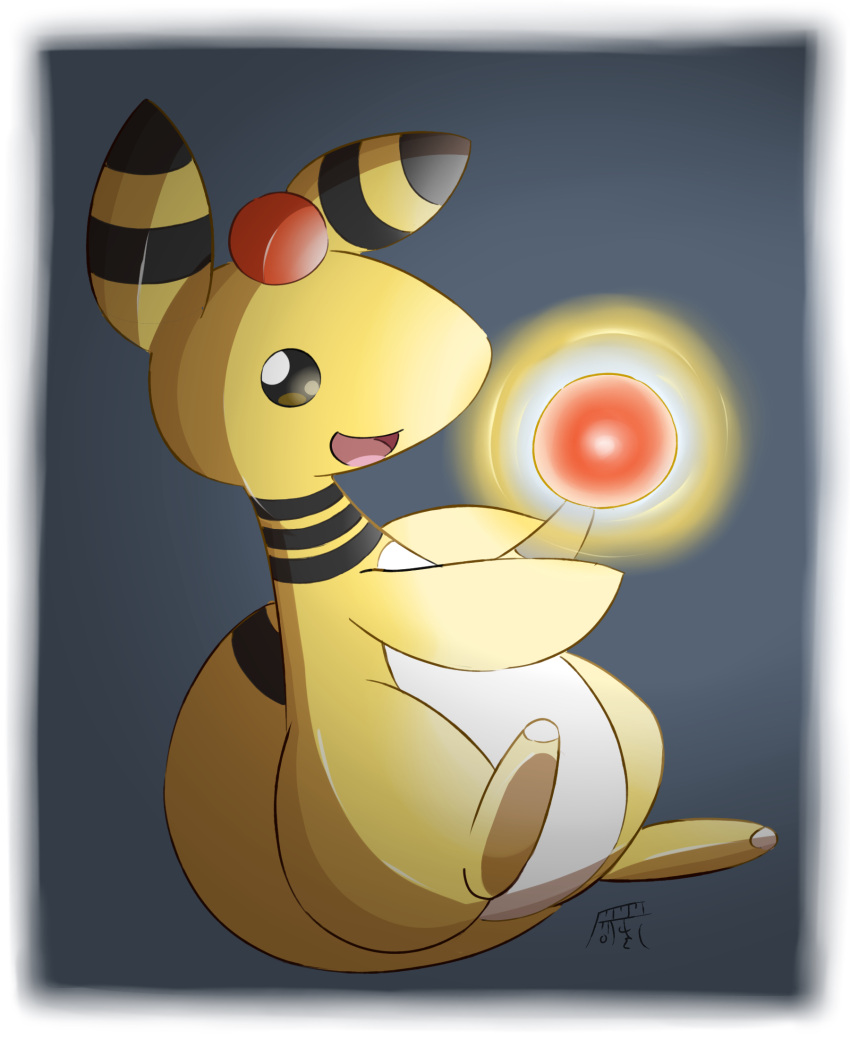 ambiguous_gender ampharos anthro bioluminescence black_markings glowing glowing_tail hi_res kimono_kemono light markings nintendo pok&eacute;mon pok&eacute;mon_(species) signature smile solo tail_orb video_games white_body yellow_body