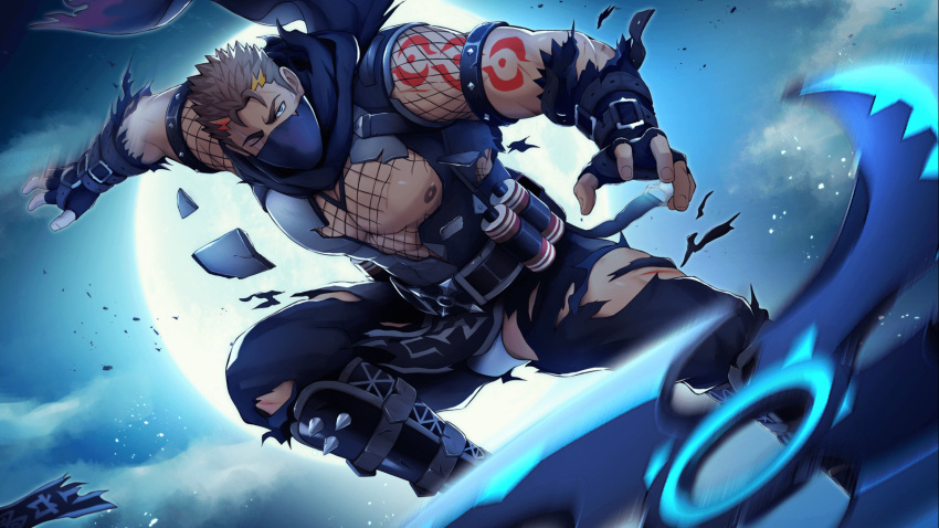 1boy abs arm_tattoo bara bare_pectorals belt biceps blonde_hair brown_hair chest_plate cloud cloudy_sky covered_mouth fingerless_gloves fishnets floating fundoshi gauntlets gloves gyee hakama highres injury japanese_clothes leg_armor loincloth male_focus male_underwear male_underwear_peek manly mask mature_male moon multicolored_hair muscular muscular_male night night_sky nipples official_art pectorals purple_eyes rudolf_(gyee) scar scar_across_eye scar_on_face scarf scroll shuriken sky solo spiked_hair tattoo thick_arms thick_eyebrows thick_thighs thighs throwing torn_clothes underwear weapon zifu