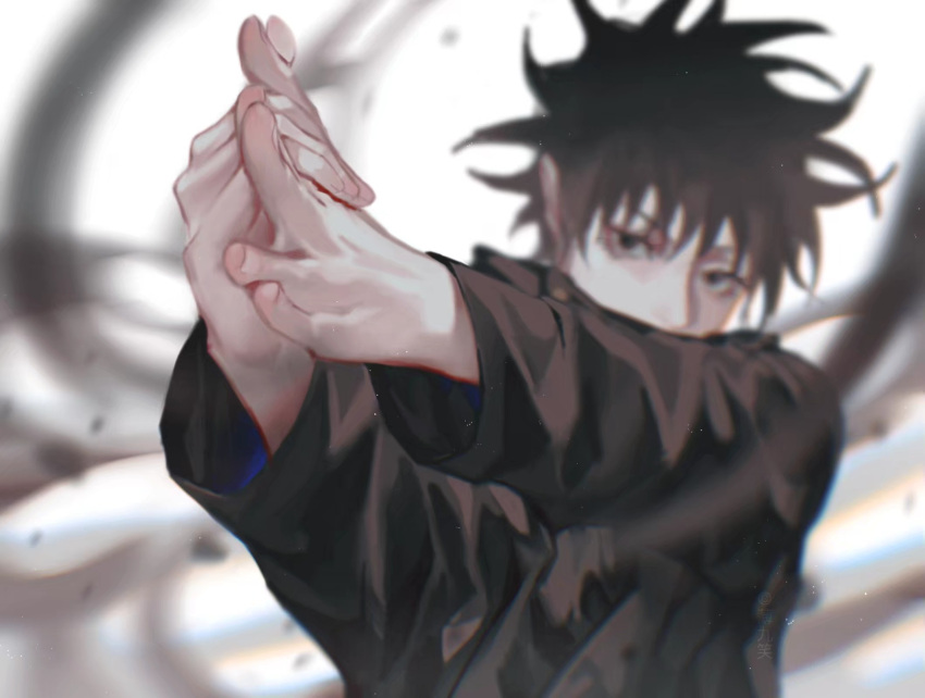 11857864 1boy bangs black_hair black_jacket blurry fingernails fushiguro_megumi gakuran hair_between_eyes hands highres jacket jujutsu_kaisen long_sleeves looking_at_viewer male_focus outstretched_arms own_hands_together school_uniform solo spiked_hair upper_body