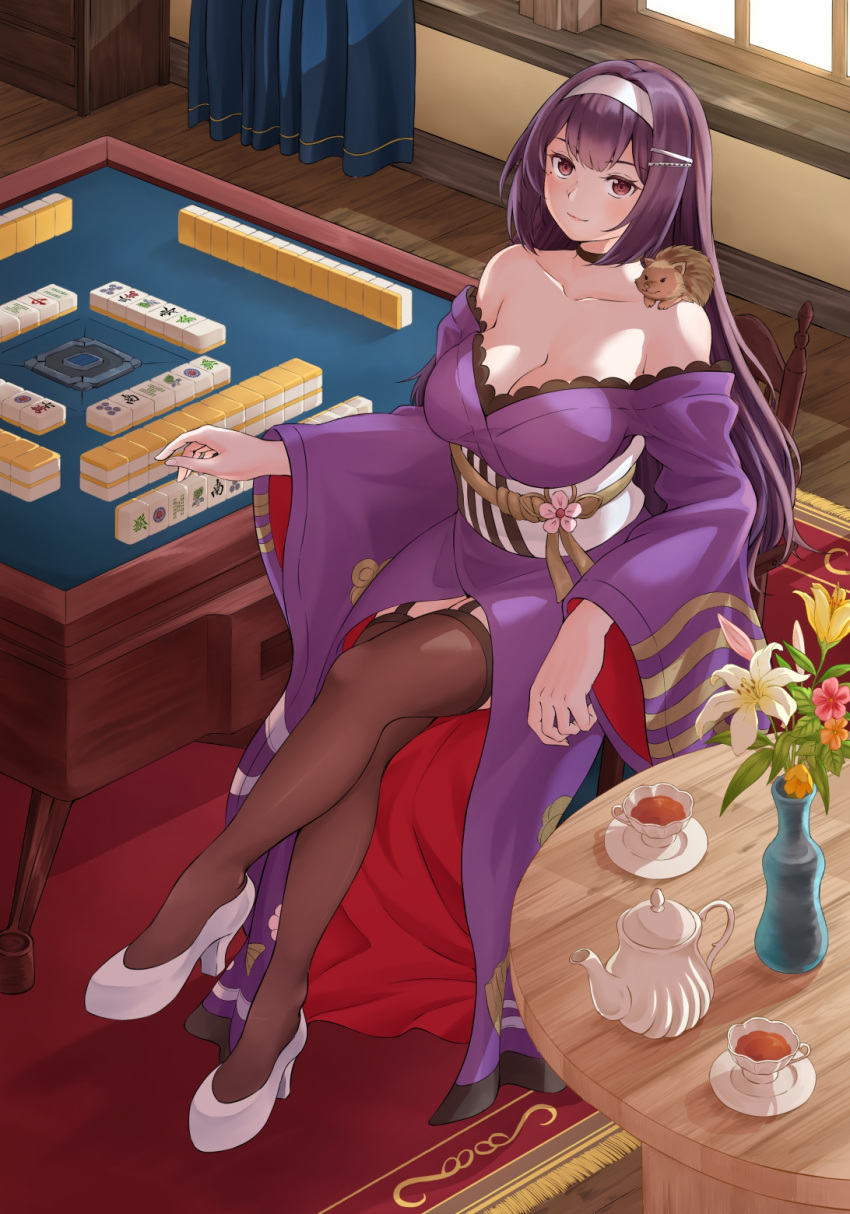 1girl animal_on_shoulder bangs breasts chain cup curtains flower from_above garter_straps hair_ornament hairband hairclip hedgehog high_heels highres japanese_clothes large_breasts lily_(flower) looking_at_viewer mahjong mahjong_soul mahjong_table mahjong_tile mole mole_under_eye nikaidou_miki pantyhose purple_eyes purple_hair rug sitting solo table tea teacup teapot thighhighs umino_haruka_(harukaumino6) vase white_flower white_footwear window yostar