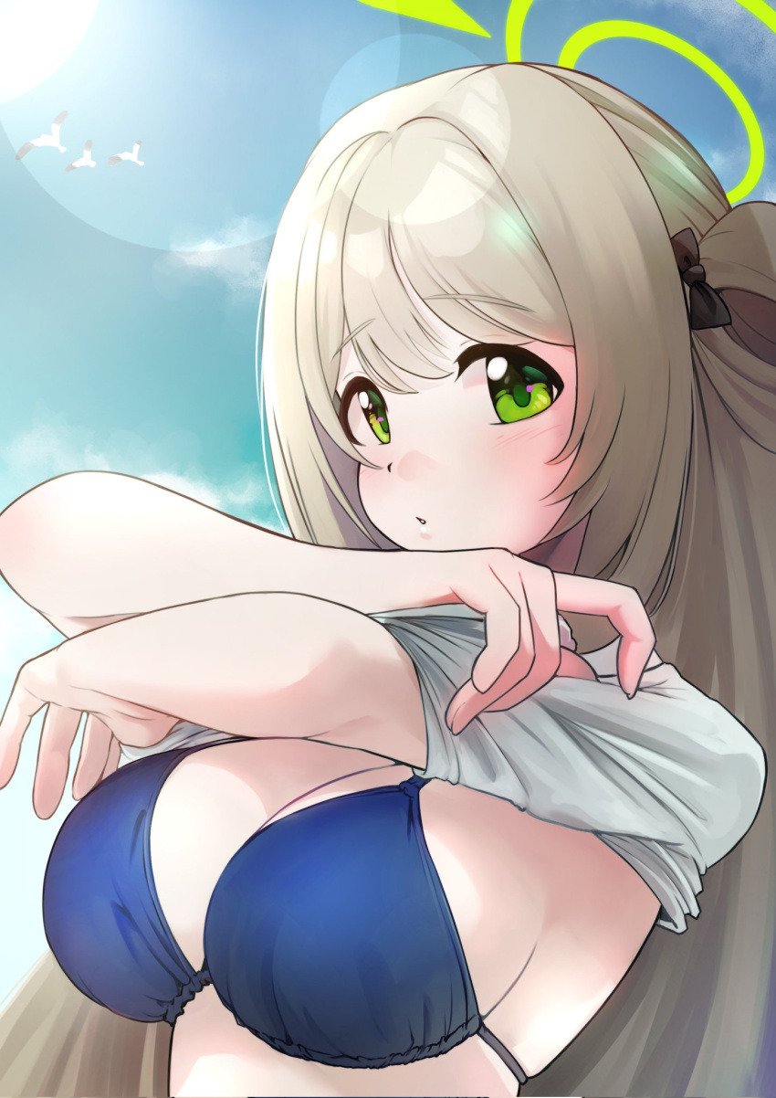 1girl bangs bird blue_archive blue_bra blush bow bra breasts cloud green_eyes green_hair hair_bow hair_bun halo highres large_breasts lens_flare long_hair looking_at_viewer nonomi_(blue_archive) open_mouth shirt sky swept_bangs tananne underwear undressing upper_body white_shirt