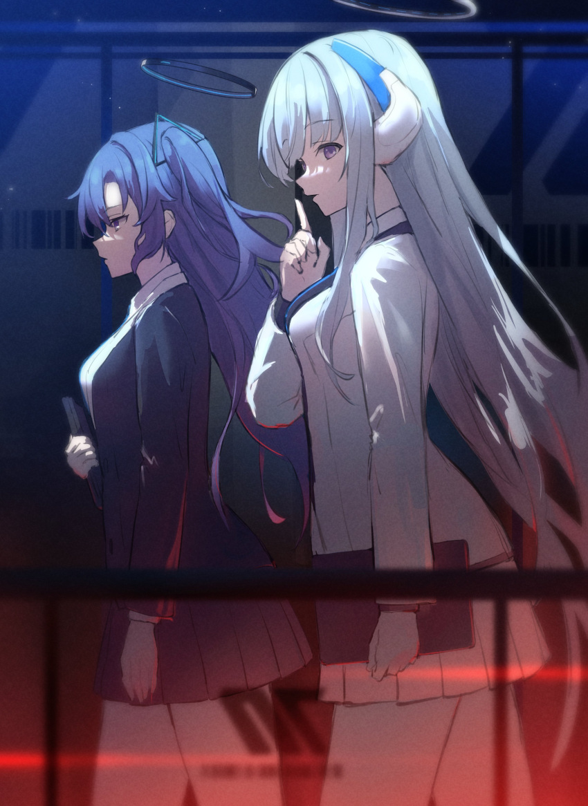 2girls absurdres bangs blue_archive blue_hair character_request collared_shirt finger_to_mouth formal from_side halo headpiece highres indoors jacket long_hair long_sleeves looking_at_viewer matsushika miniskirt multiple_girls open_clothes open_jacket parted_bangs pleated_skirt purple_eyes purple_hair shadow shirt shushing sidelocks skirt suit thighs two_side_up white_shirt white_skirt yuuka_(blue_archive)
