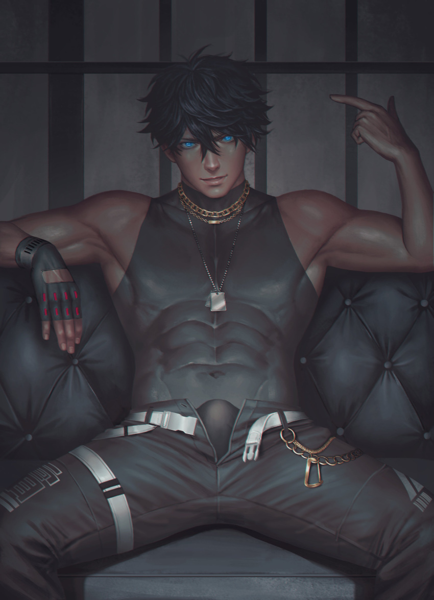 1boy abs absurdres arm_up armpits bara belt biceps black_hair blue_eyes building bulge chain couch denim fingerless_gloves gloves highres jeans jewelry looking_at_viewer male_focus messy_hair muscular muscular_male necklace nickakito original pants pectorals room sitting sleeveless smile solo spiked_hair spread_legs sweater tight turtleneck turtleneck_sweater unzipped