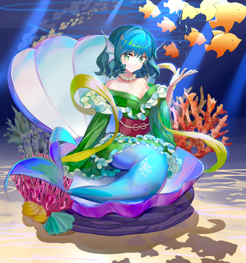 1girl blue_hair blush bubble clam closed_mouth commentary coral eyebrows_behind_hair fish frilled_kimono frilled_sleeves frills full_body green_eyes green_kimono head_fins highres japanese_clothes jewelry kimono light_rays long_sleeves looking_at_viewer medium_hair mermaid monster_girl necklace obi off_shoulder sash shell sitting smile solo touhou underwater vanink wakasagihime water wide_sleeves