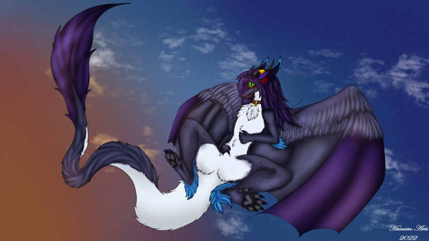16:9 4k absurd_res anthro cloud dragon feral fur fuzzy fuzzy_tail herm hi_res hunam hunamarts intersex light shaded sky spread_legs spread_wings spreading widescreen wings