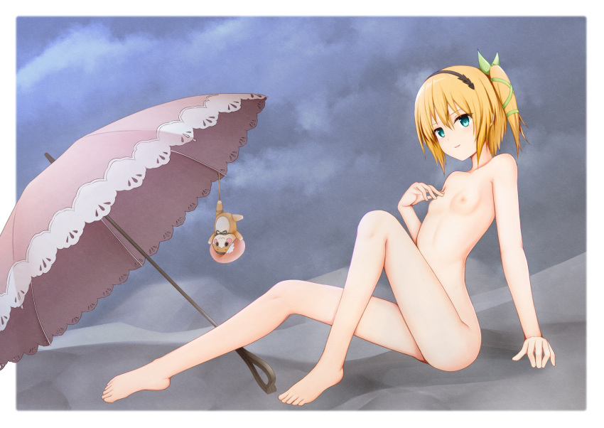 1girl barefoot black_hairband blonde_hair blue_eyes border bow breasts collarbone completely_nude edna_(tales) full_body green_bow green_ribbon hair_bow hair_ribbon hairband highres kuronuketaiyo looking_at_viewer nipples nude ribbon short_hair side_ponytail sitting small_breasts solo tales_of_(series) tales_of_zestiria white_border