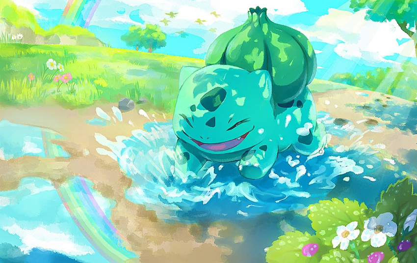 :d bulbasaur closed_eyes commentary_request fangs flower grass kurokuma824 no_humans open_mouth outdoors pokemon pokemon_(creature) puddle rainbow reflection smile tongue tree water white_flower