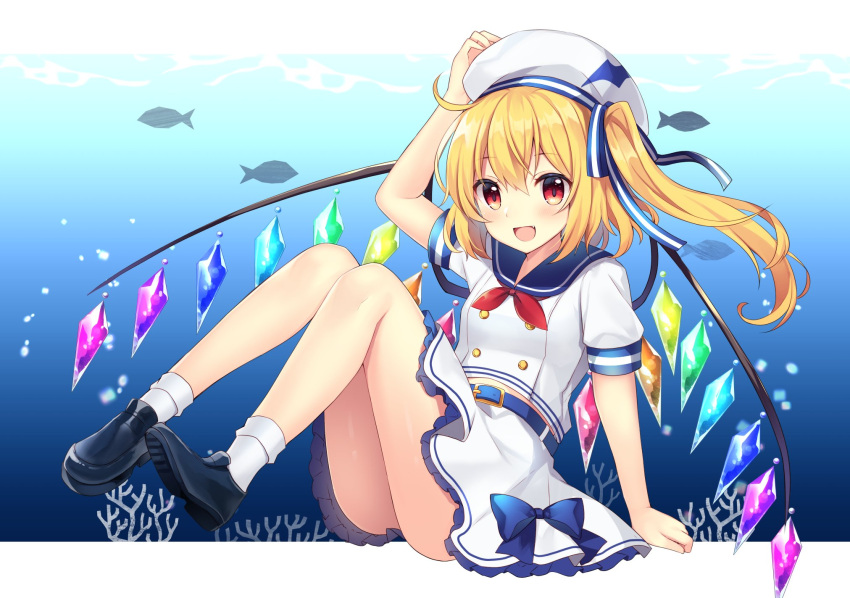 1girl :d alternate_costume bangs black_footwear blonde_hair blue_sailor_collar bubble coral crystal fish flandre_scarlet full_body hat highres looking_at_viewer medium_hair one_side_up open_mouth red_eyes ruhika sailor sailor_collar sailor_hat short_sleeves skirt smile solo touhou water white_headwear white_legwear white_skirt wings