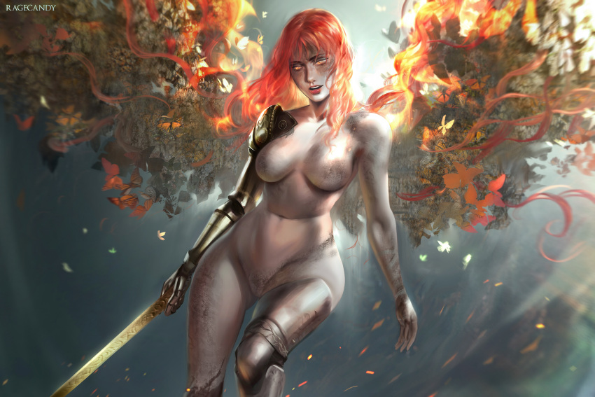 1girl amputee breasts bug butterfly completely_nude elden_ring floating_hair highres holding holding_sword holding_weapon long_hair looking_at_viewer malenia_blade_of_miquella malenia_goddess_of_rot navel nude prosthesis prosthetic_arm prosthetic_leg ragecndy red_hair simple_background solo sword very_long_hair weapon wings yellow_eyes