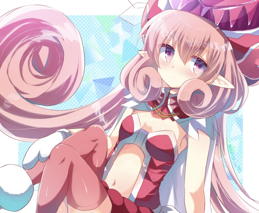 1girl bangs blush boots breasts center_opening closed_mouth commentary_request dress eyebrows_visible_through_hair feet_out_of_frame fur-trimmed_boots fur_trim hair_between_eyes highres kuriyuzu_kuryuu long_hair mittens navel neneka_(princess_connect!) pink_hair pink_legwear pointy_ears polka_dot polka_dot_background princess_connect! purple_eyes red_dress red_headwear sidelocks small_breasts solo strapless strapless_dress thighhighs twitter_username very_long_hair white_mittens