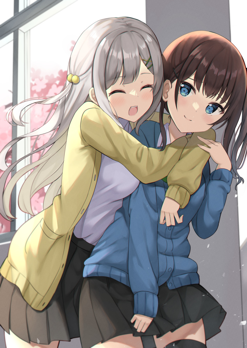 2girls :d ^_^ bangs black_skirt blue_cardigan blue_eyes breasts brown_hair cardigan closed_eyes closed_mouth collared_shirt commentary_request eyebrows_visible_through_hair grey_hair hair_bobbles hair_ornament hairclip highres hug hug_from_behind indoors keiran_(ryo170) long_hair long_sleeves medium_breasts multiple_girls one_side_up original pleated_skirt revision school_uniform shirt skirt sleeves_past_wrists smile very_long_hair white_shirt x_hair_ornament yellow_cardigan yuri